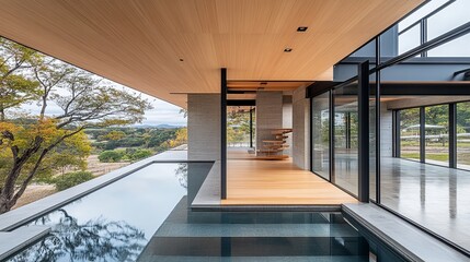 Fototapeta premium Modern home design featuring a pool, wood, glass walls, and scenic views