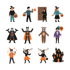 Halloween Kids Characters and Spooky Elements Vector Set. Children in Costumes, Trick-or-Treating Illustrations.
