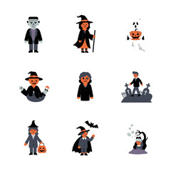 Collection of Spooky Halloween Characters and Elements in Flat Cartoon Style