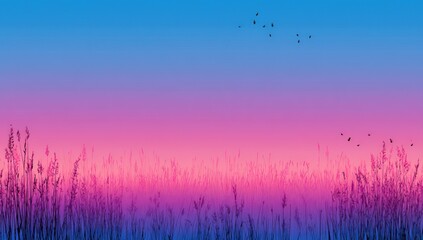 Sunset horizon with silhouetted grasses, fading from blue at the top to vibrant pinks and purples near the horizon, with a few birds in flight