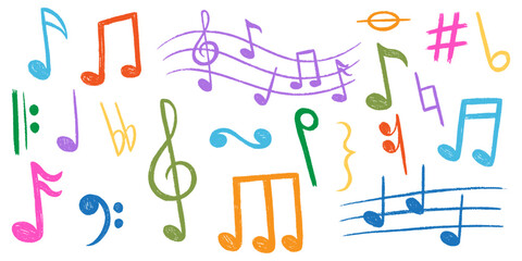 Crayon colored music notes set. Chalk doodle musical symbols collection. Kids pencil textured symbols. Charcoal brush scribbled music signs bundle. Sound elements. Hand drawn vector illustration   © PawLoveArt