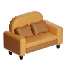 Comfortable orange sofa with brown pillows on transparent background