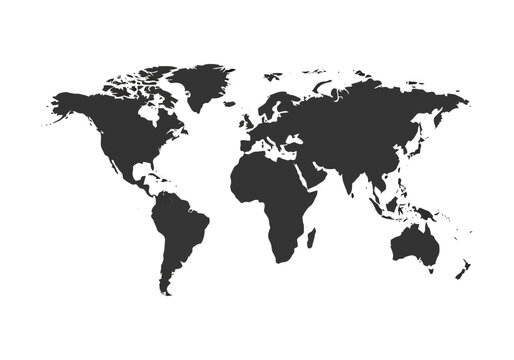 Vector illustration of a dark silhouette of the world map showing all continents on a white background