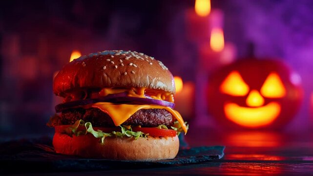 4k video of a burger on Halloween Night.