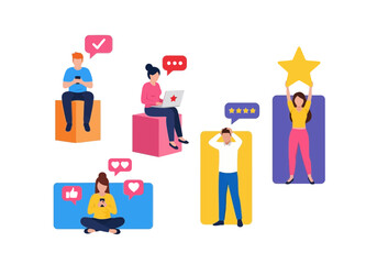 Vector illustration of diverse people engage with digital feedback and social media elements, showcasing online interaction and communication