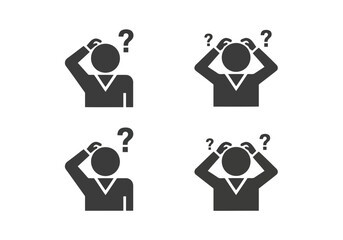 Vector illustration of a collection of dark grey icons depicting people scratching their heads with question marks above them, symbolizing confusion