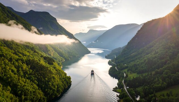 Serene aerial view of a cruise ship navigating a narrow fjord surrounded by lush green mountains and calm waters under a partly cloudy sky