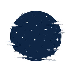 Stylized Night Sky Circle with Twinkling Stars and Clouds Illustration