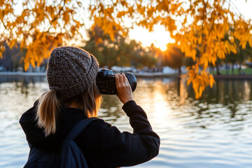 Photographer captures sunset over serene lake in autumn