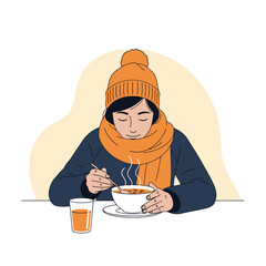Winter warmth: Illustrated person enjoying a hot bowl of soup and a drink
