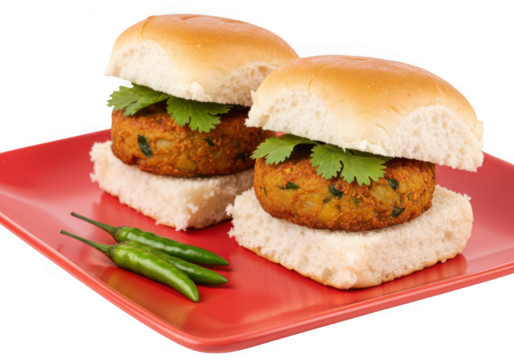 Two delicious vada pav burgers with green chilies isolated on transparent background