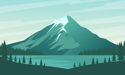 Mountains and lake with coniferous forest. Vector illustration.