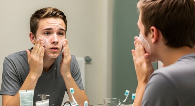 A young man washing his face with a cleanser in front of a bathroom mirror with toiletries below