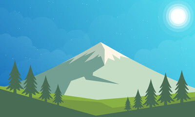 Mountains and forest landscape vector illustration. Flat design style. EPS 10