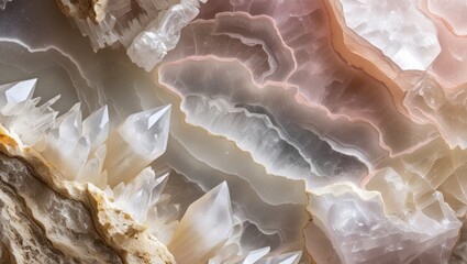 mineral texture of polished quartz geode with visible crystals and subtle warm tones