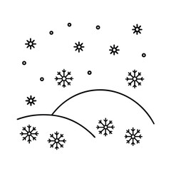 Christmas snowflakes drifting across a calm winter landscape line art vector illustration