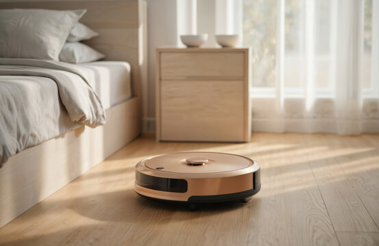 Modern bedroom features light brown robot vacuum with sleek design in operation. Robot vacuum moves across wooden floor. Wooden furniture, white nightstand, two white bowls, well-lit room, natural