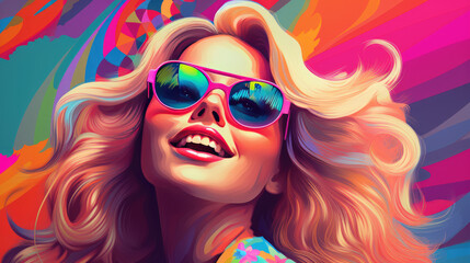 Smiling Fashion Model with Curly Blonde Hair and Sunglasses, AI Generated Portrait