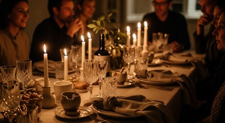Intimate candlelight dinner with friends and family around a beautifully set table