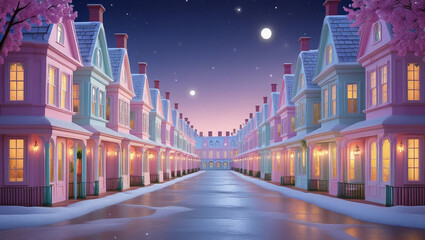 Elegant pastel European houses in Victorian style with cozy warm lights and snow, perfect for storybook covers, seasonal design, and festive projects.