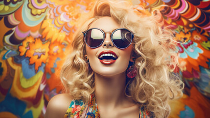 Fototapeta premium Smiling Fashion Model with Curly Blonde Hair and Sunglasses, AI Generated Portrait