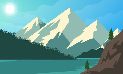 Mountains with lake and forest in the background. Vector illustration.
