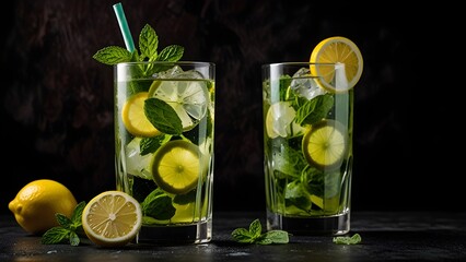 Refreshing Lemon Mint Drink with Ice in Glass on Black Background
