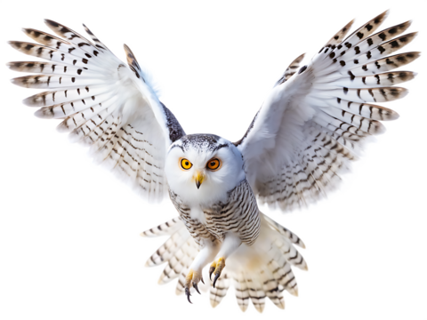  snowy owl in flight isolated on white background PNG.AI Generated.