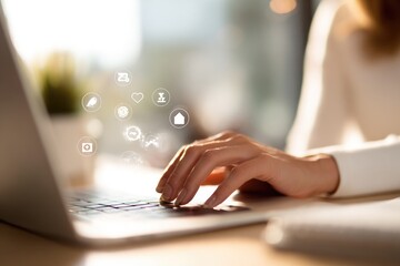 Woman's hands typing on laptop, icons floating above