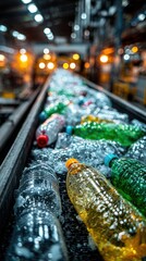 Conveyor belt transporting plastic bottles in a recycling facility during daytime