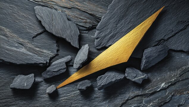 Asymmetrical slate shards surround a sharp, golden, angular geometric form. Lighting accentuates the textures and contrast