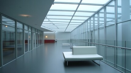 Modern hallway with glass walls, ceiling and white seating. The lighting is bright. The colors are neutral