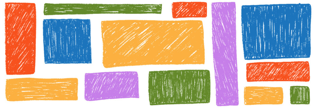 Crayon square and rectangle text boxes. Childish frames, rough texture banners. Kid drawn basic geometric shapes. Vector hand drawn crayon colored grunge brush rectangle border. Memo stickers, notes