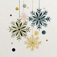Snowflakes decorated with colorful circles hanging in a festive winter arrangement