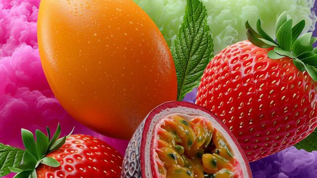 Vibrant assortment of fresh fruits including orange mango, juicy strawberries, and passion fruit, surrounded by colorful soft textures, creating a visually appealing and appetizing composition for foo