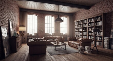 Inviting Living Room with Brick Walls, Leather Sofas, and a Bookcase Full of Books
