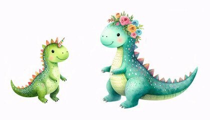 Obraz premium Cute Cartoon Dinosaurs with Floral Crown and Butterflies Watercolor Style