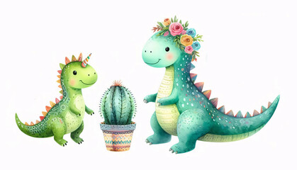 Fototapeta premium Cute Cartoon Dinosaurs with Floral Crown and Butterflies Watercolor Style