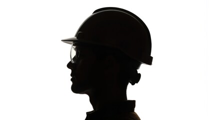 Black and white silhouette of person in hard hat. Face and upper body turned to left, creating movement. Simple monochrome palette focuses on subject. Tranquil solitude.