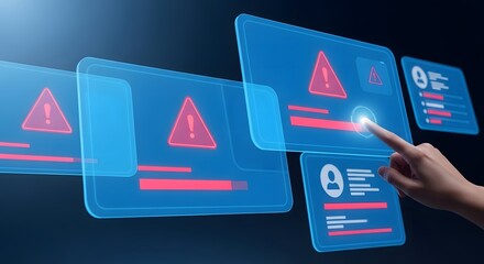 Digital interface showing warning alerts and user profiles