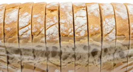 Sliced bread loaf in plastic packaging bakery food closeup