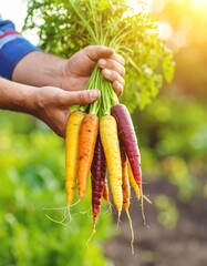 A handful of vibrant rainbow carrots—in shades of deep purple, orange, yellow, and white—rests in dirt-smeared male hands, freshly pulled from the garden soil. 
