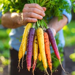 A handful of vibrant rainbow carrots—in shades of deep purple, orange, yellow, and white—rests in dirt-smeared male hands, freshly pulled from the garden soil. 