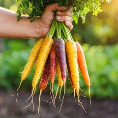 A handful of vibrant rainbow carrots—in shades of deep purple, orange, yellow, and white—rests in dirt-smeared male hands, freshly pulled from the garden soil. 