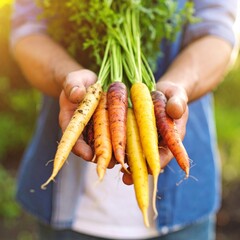 A handful of vibrant rainbow carrots—in shades of deep purple, orange, yellow, and white—rests in dirt-smeared male hands, freshly pulled from the garden soil. 