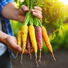 A handful of vibrant rainbow carrots—in shades of deep purple, orange, yellow, and white—rests in dirt-smeared male hands, freshly pulled from the garden soil. 