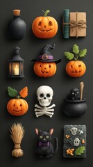 Decorative Halloween-themed arrangement featuring pumpkins, a skull, and a black cat in autumnal colors