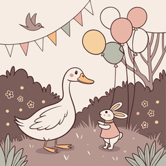 duck and ducklings with beautiful bckhground or ballons