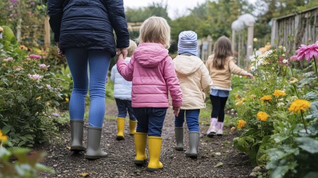 Children walking in a garden with parent and colorful flowers on a nature trail