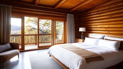 Cozy rustic bedroom with a large bed, log walls, and balcony overlooking fall foliage